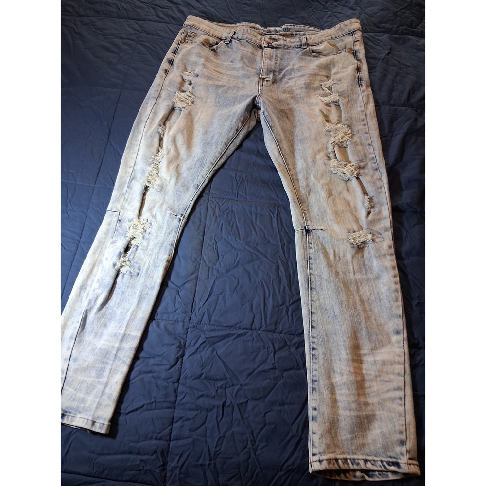 Rue21‎ Premium Mens Skinny Distressed Light Wash Ripped Denim Jeans 40x32